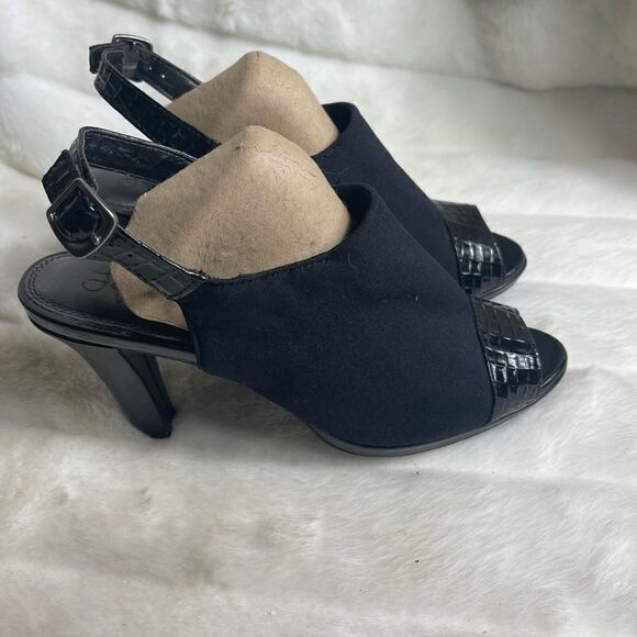 Life Stride black stretchy fabric heels peep toe back adjustable strap s… - Picture 1 of 10